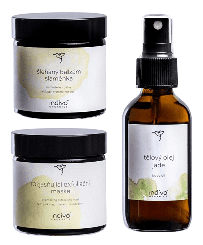 Indívo Organics – tělový olej Jade, rozjasňující exfoliační maska, šlehaný balzám slaměnka