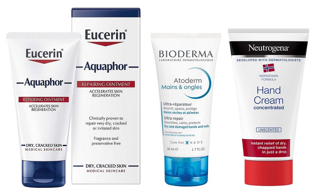 Eucerin Aquaphor regenerační mast, Bioderma Atoderm krém na ruce, Neutrogena krém na ruce