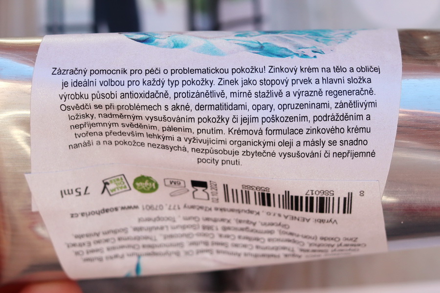 popisek na tubě zinkového krému Soaphoria